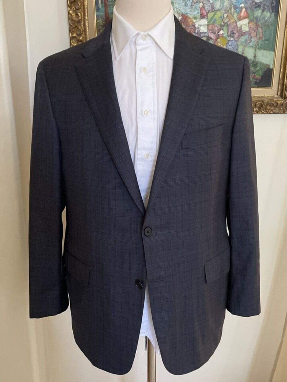 Hickey Freeman Traveler Sport Coat Wool Gray Blue Check 44R